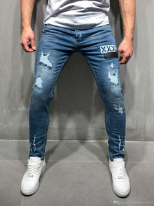 Blue Denim Jeans Mens Clothing Ripped XXX Embroidery Design Long Pencil Pants Clothes New